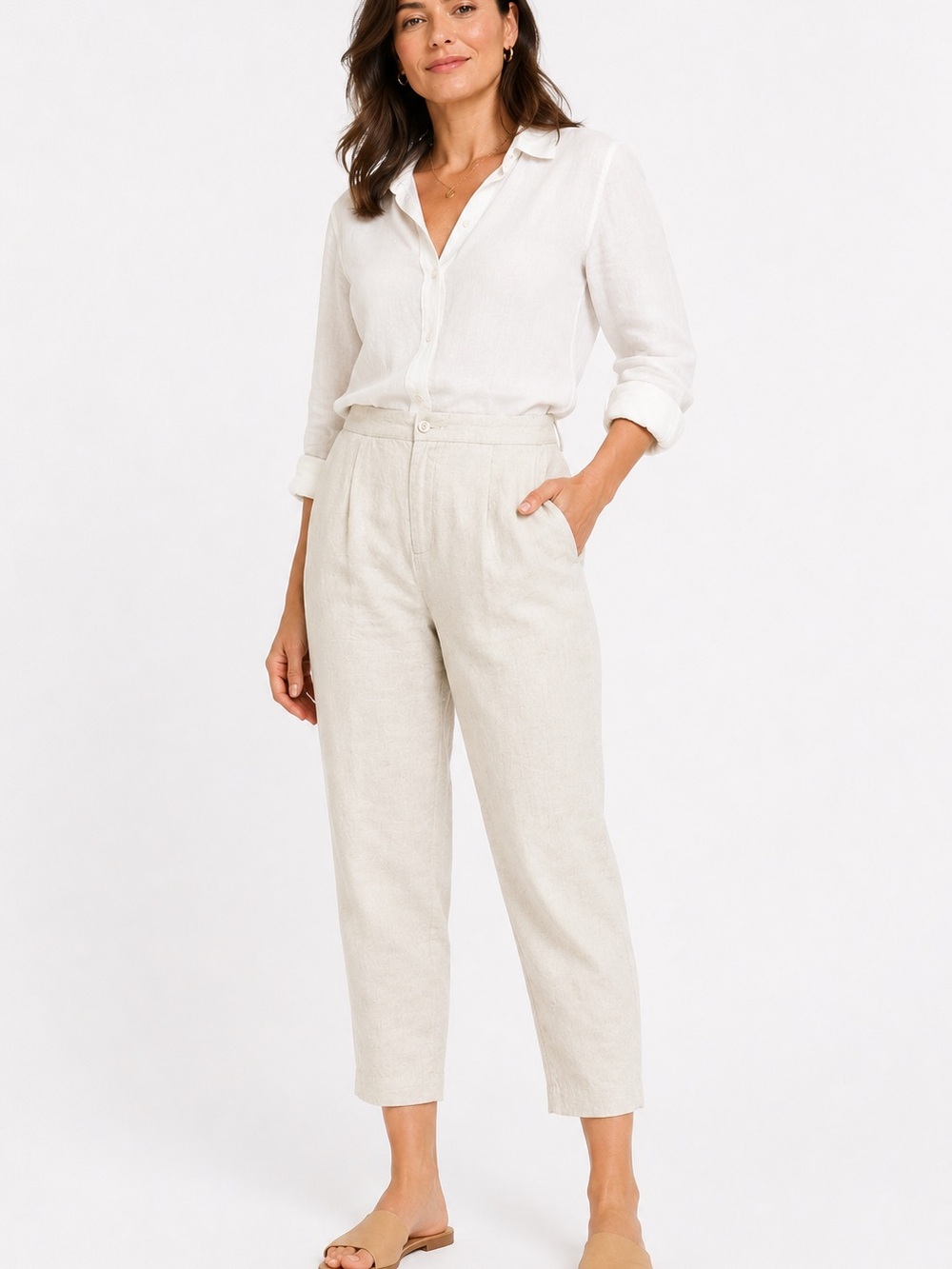 Sherri Martin Petites Linen Blend  Pants Womens 28x26 Beige Cropped Minimalist